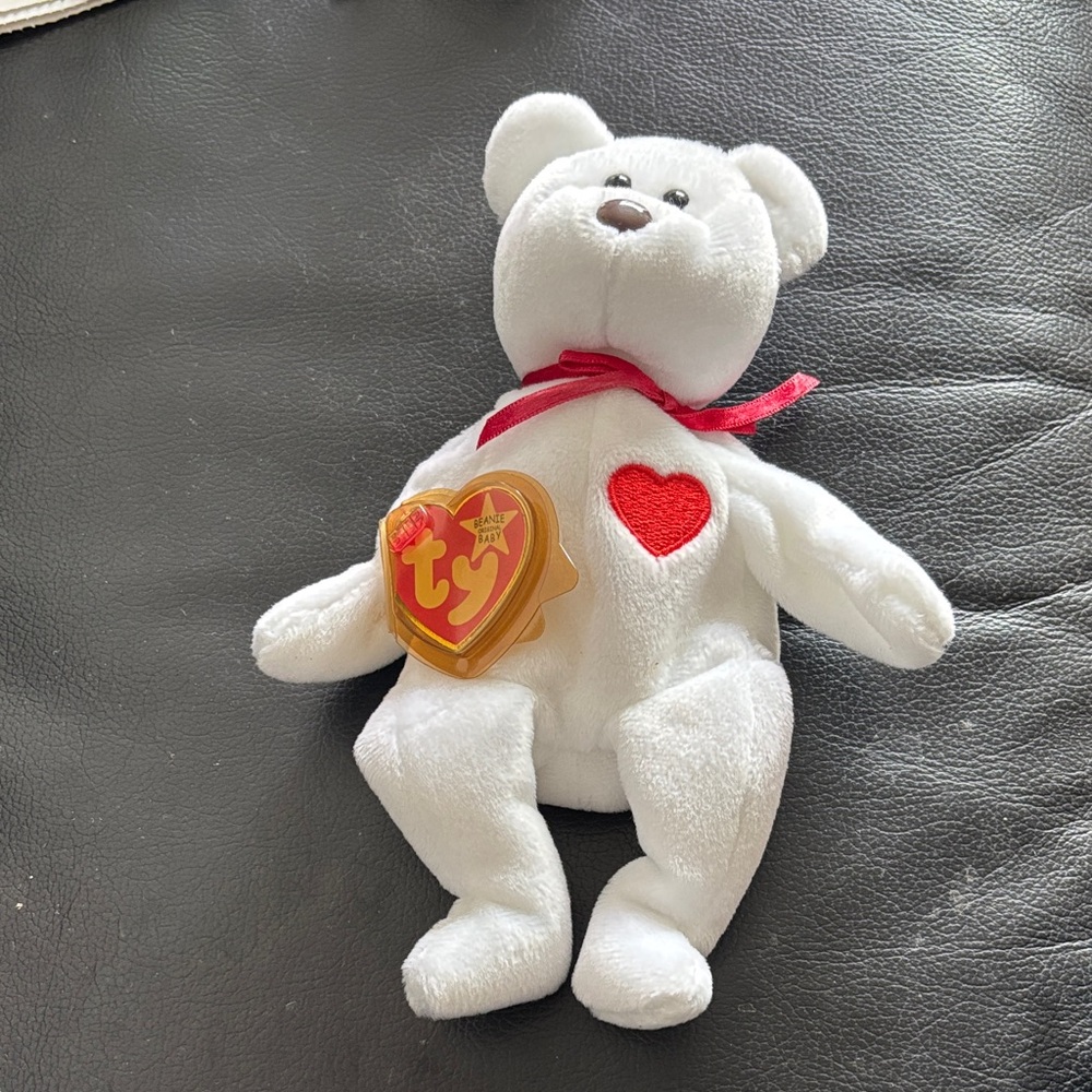 Ty White Bear Plush with Red Heart Accent